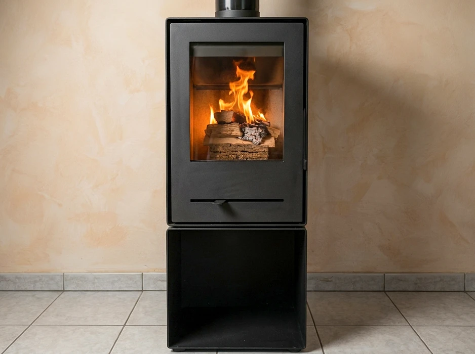 Poêle à bois moderne noir mat sur socle cubique laqué noir, installé dans un intérieur sur carrelage grès cérame