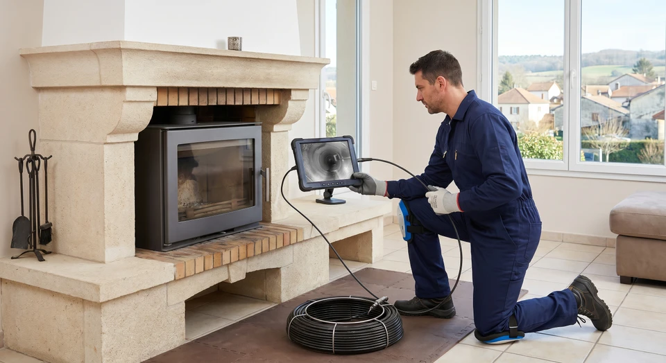 Technicien en tenue de travail professionnelle (combinaison ou uniforme bleu foncé avec logo fumisterie) effectuant une inspection de conduit de cheminée. Il tient ou consulte une tablette ou écran affichant l'intérieur du conduit en temps réel, ou il utilise un équipement d'inspection caméra portatif dirigé vers un conduit vertical de cheminée. L'arrière-plan montre un intérieur résidentiel avec une cheminée ou un poêle visible. L'image doit transmettre le professionnalisme, la maîtrise technologique et l'expertise technique de l'inspection vidéo de conduit.