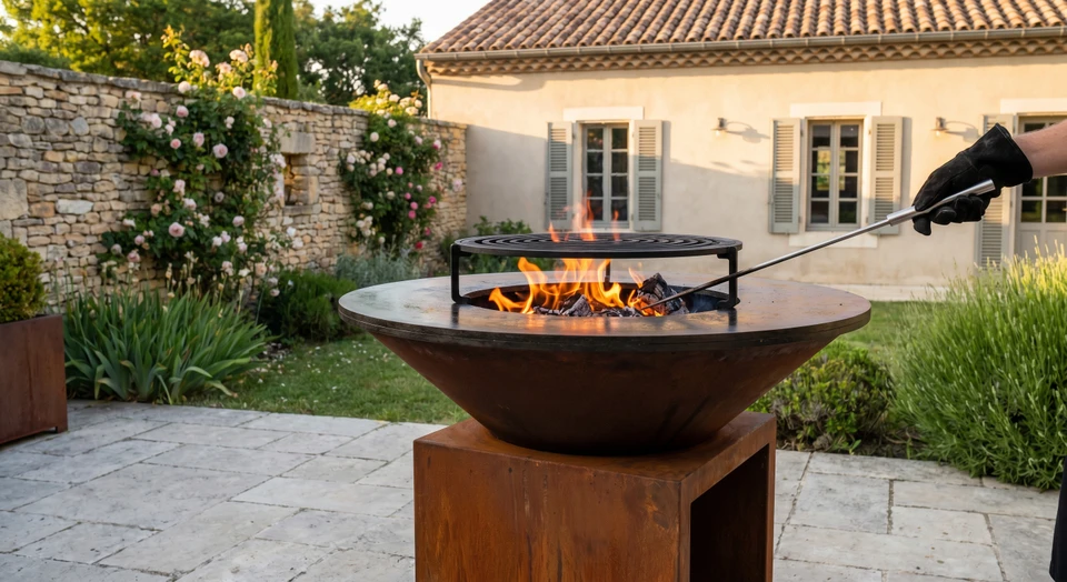 Brasero ou plan de cuisson extérieur haut de gamme en fonte ou acier, design contemporain, implanté dans un jardin ou sur une terrasse résidentielle, avec flammes visibles du feu de bois, montrant clairement l'élégance et la qualité de l'équipement dans son contexte de vie quotidienne. L'équipement doit être le point focal de l'image, suggérant le savoir-faire et la spécialisation professionnelle.