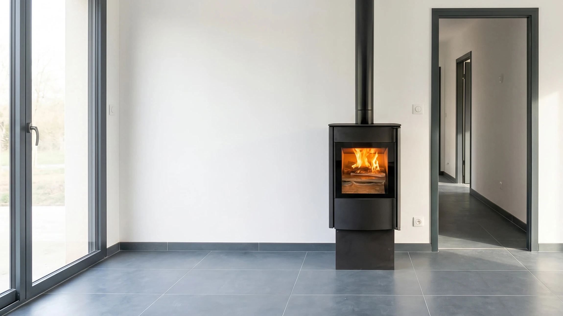 Pièce vide et lumineuse avec sol en carrelage gris anthracite
