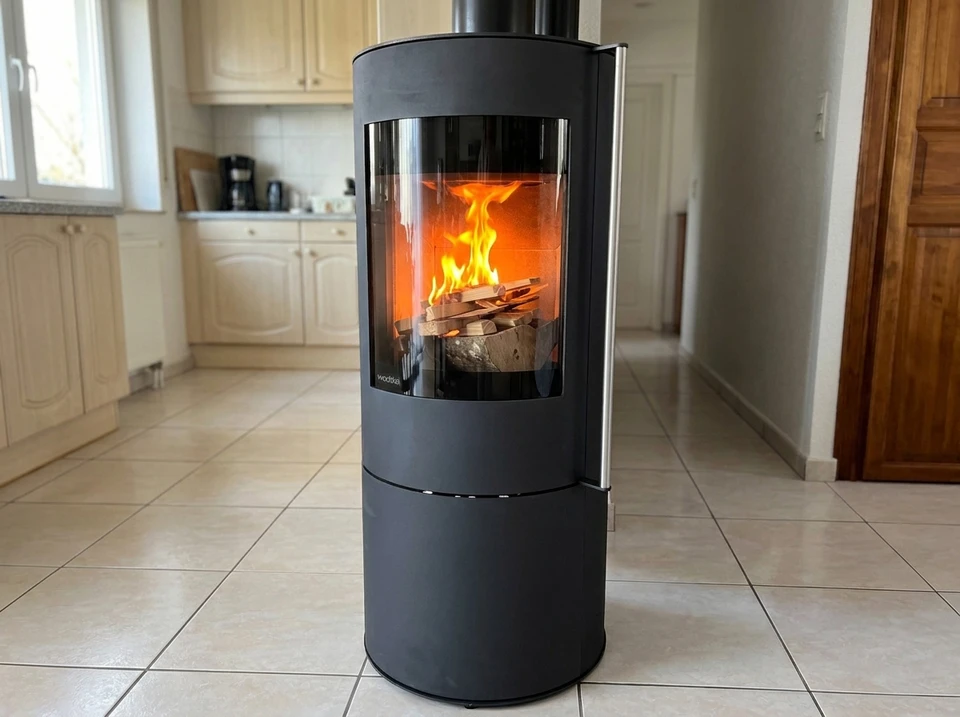 Un poêle à pellets moderne et élégant installé dans un salon résidentiel, allumé et diffusant une chaleur douce. Le foyer brille avec des flammes visibles à travers une vitre frontale en verre. L'environnement est confortable et chaleureux, avec un intérieur de maison moderne et bien aménagé. La scène capture l'essence du confort domestique et du bien-être thermique procuré par ce système de chauffage performant.