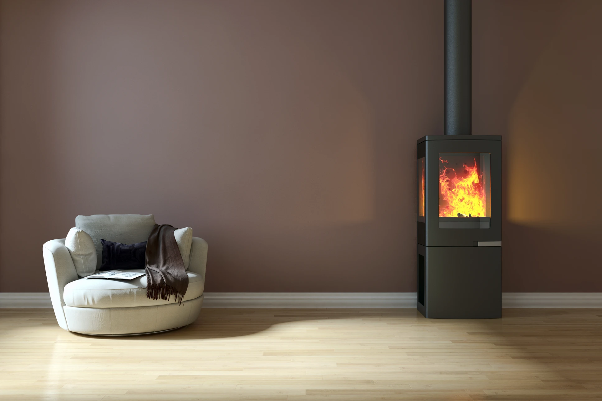 Intérieur avec cheminée en arrière-plan, flammes vives orange et jaunes