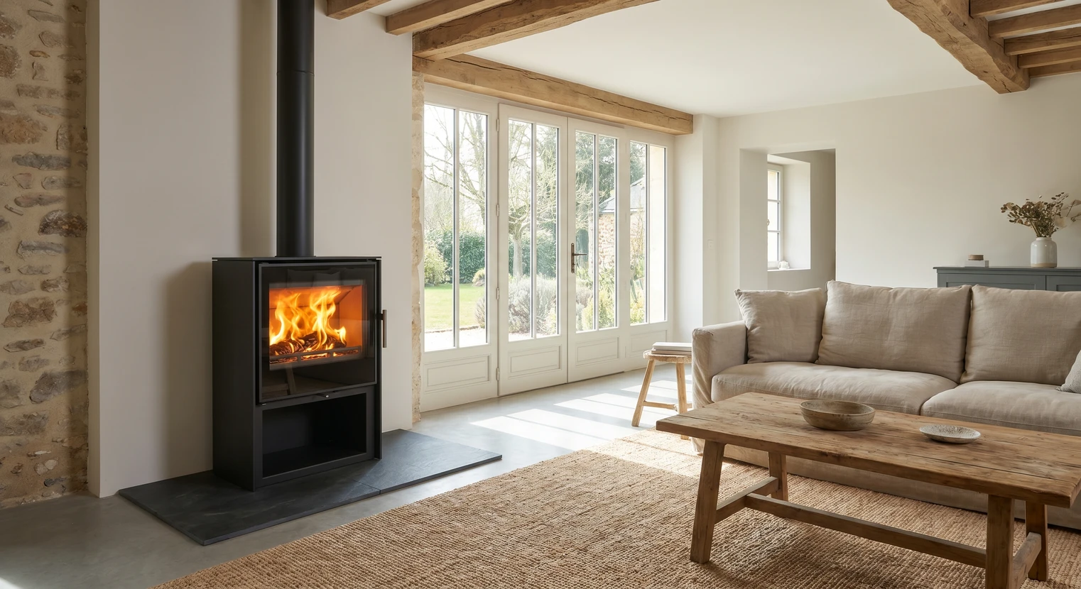 Intérieur chaleureux avec poêle à bois en fonte noire allumé, flammes visibles à travers vitre ornementée